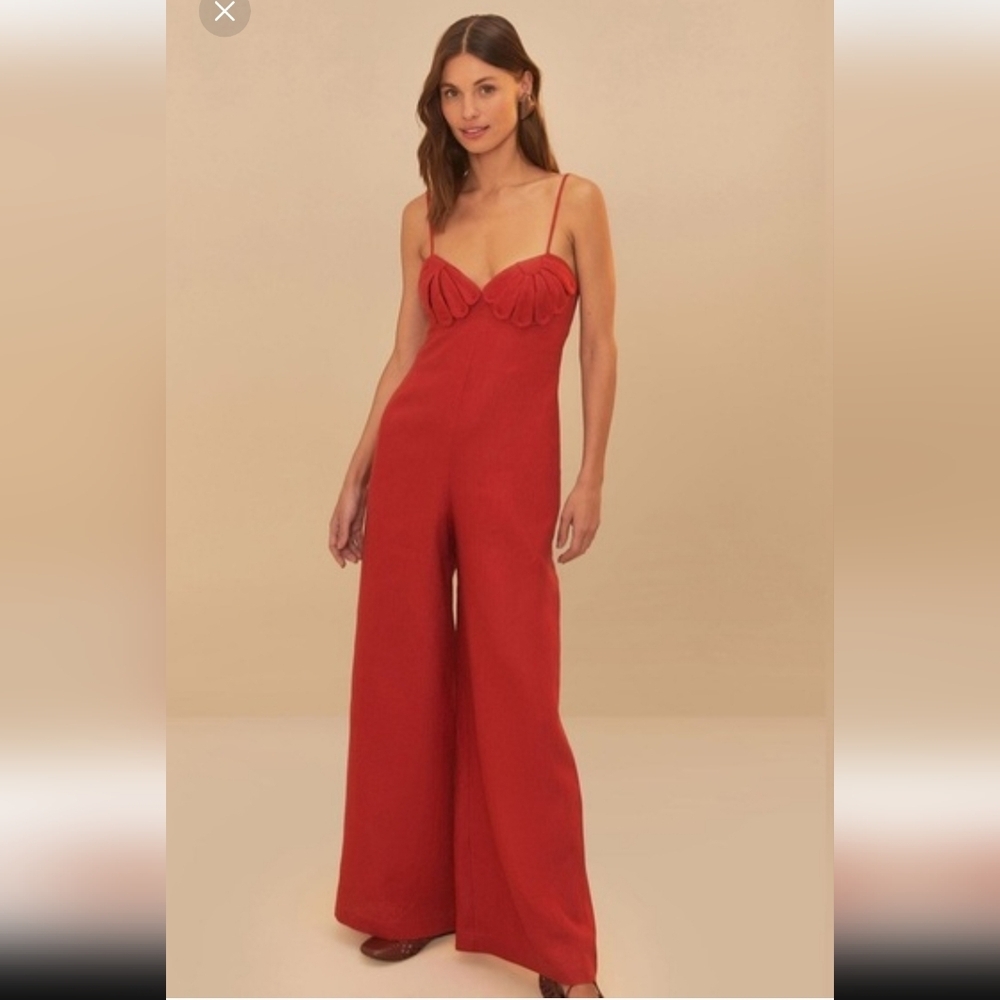 NWT Farm Rio Red Linen Wide Leg Jumpsuit Size M Floral Bust